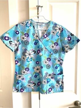 Light Blue Floral Wrap-Style Scrub Top